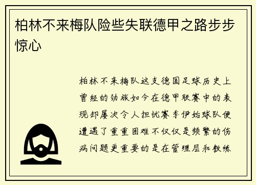 柏林不来梅队险些失联德甲之路步步惊心